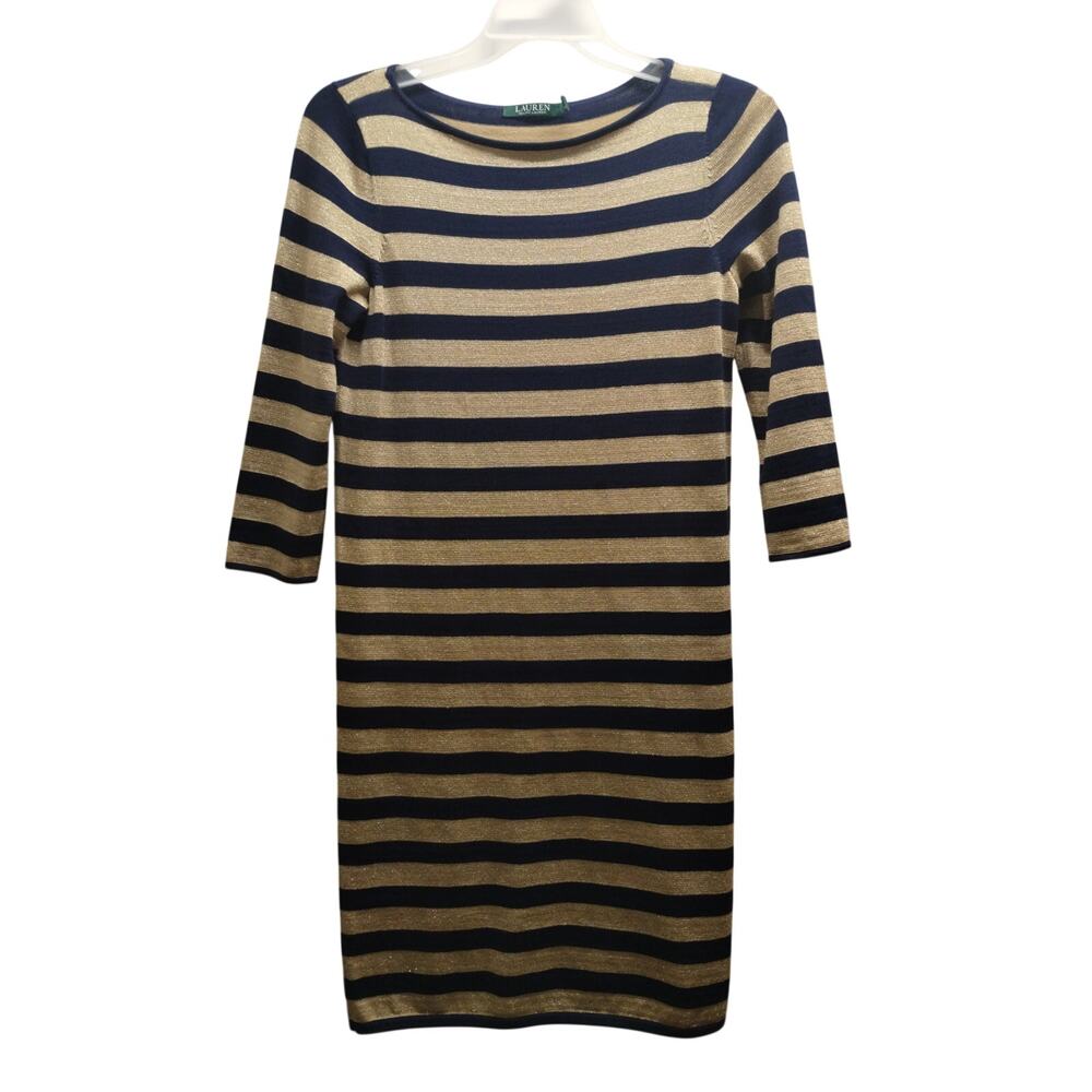 Lauren Ralph Lauren Size Small Gold Metallic & Navy Blue Striped Shift Dress